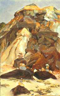 balancing stones in front of red cliffs painting