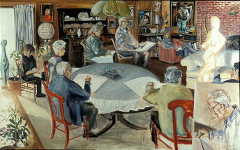 painting of drawing session in progress in Tom and Helen Maley's living room, artists pictured include Eleanor Rodegast, Tom Maley, Shanti Blum, Ann Parker, Terri Beach, Linc Hansen, Liz Taft, and Steve Lohman 