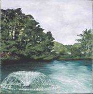 fountain in pond at Tisbury Waterworks, tiny view of Tashmoo Lagoon in background