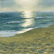 sun reflecting off water at Gay Head, beach with footprints in foreground