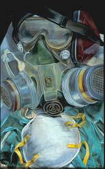 painting of ear protection, eye goggles, respirator, dust mask, and vinyl gloves