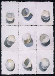 nine paintings of white eggshells on white background superimposed on black