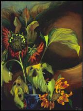 Wilt, oil on stretched paper.  Red and yellow sunflowers in cobalt blue glass vase, dark background. 